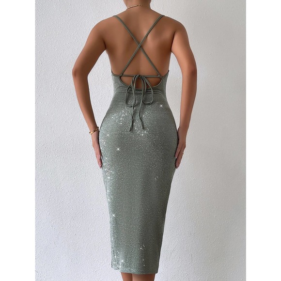 Split Thigh Tie Backless Cami Dress sparkle sage green - Picture 2 of 5